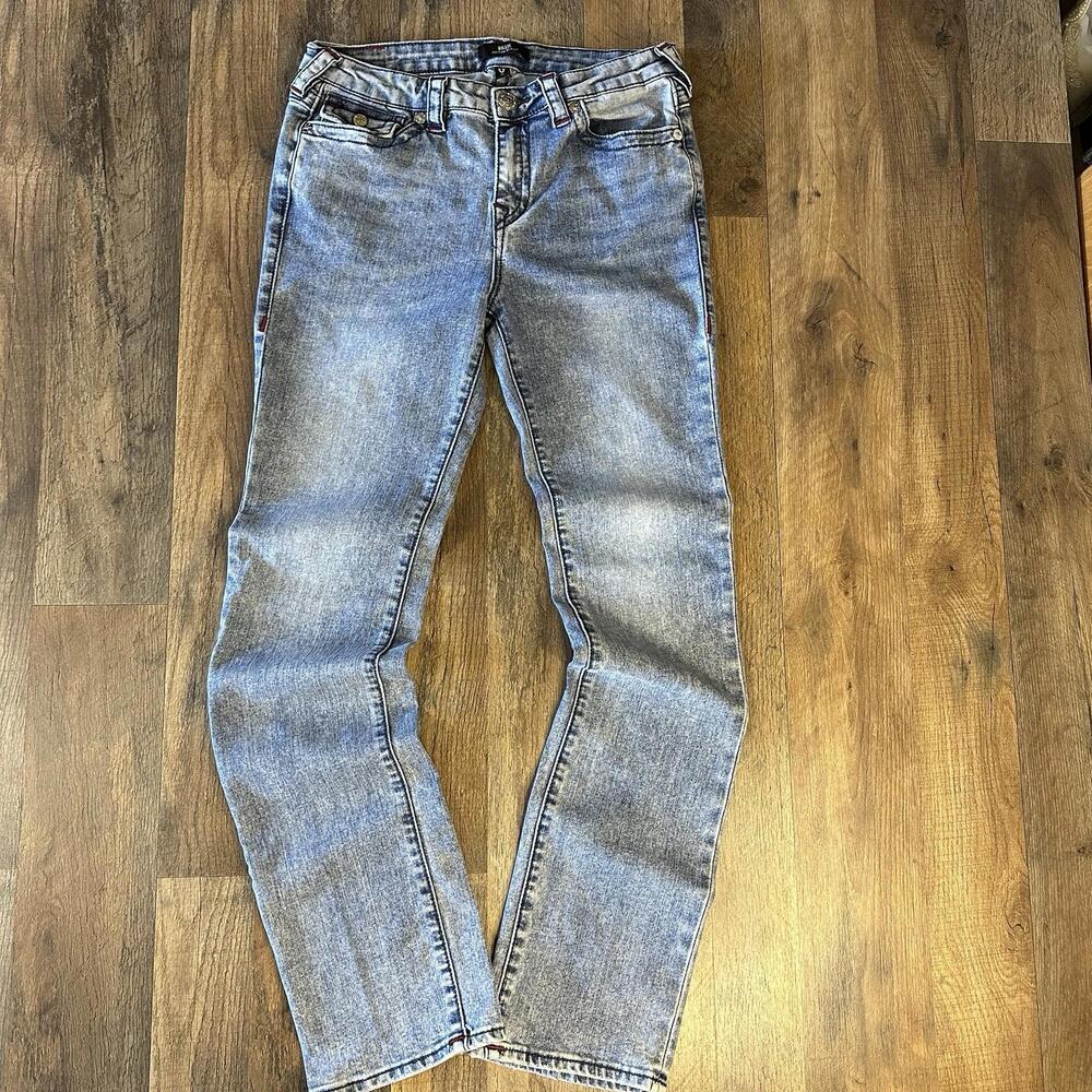 TRUE RELIGON Billie Mid-Rise Straight Jeans Light Blue Wash Womens 28x31